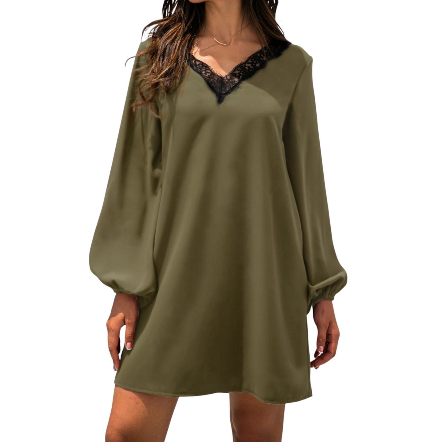 Long Sleeve Mini Shift Dress with V-Neckline and Lace Trim Detail