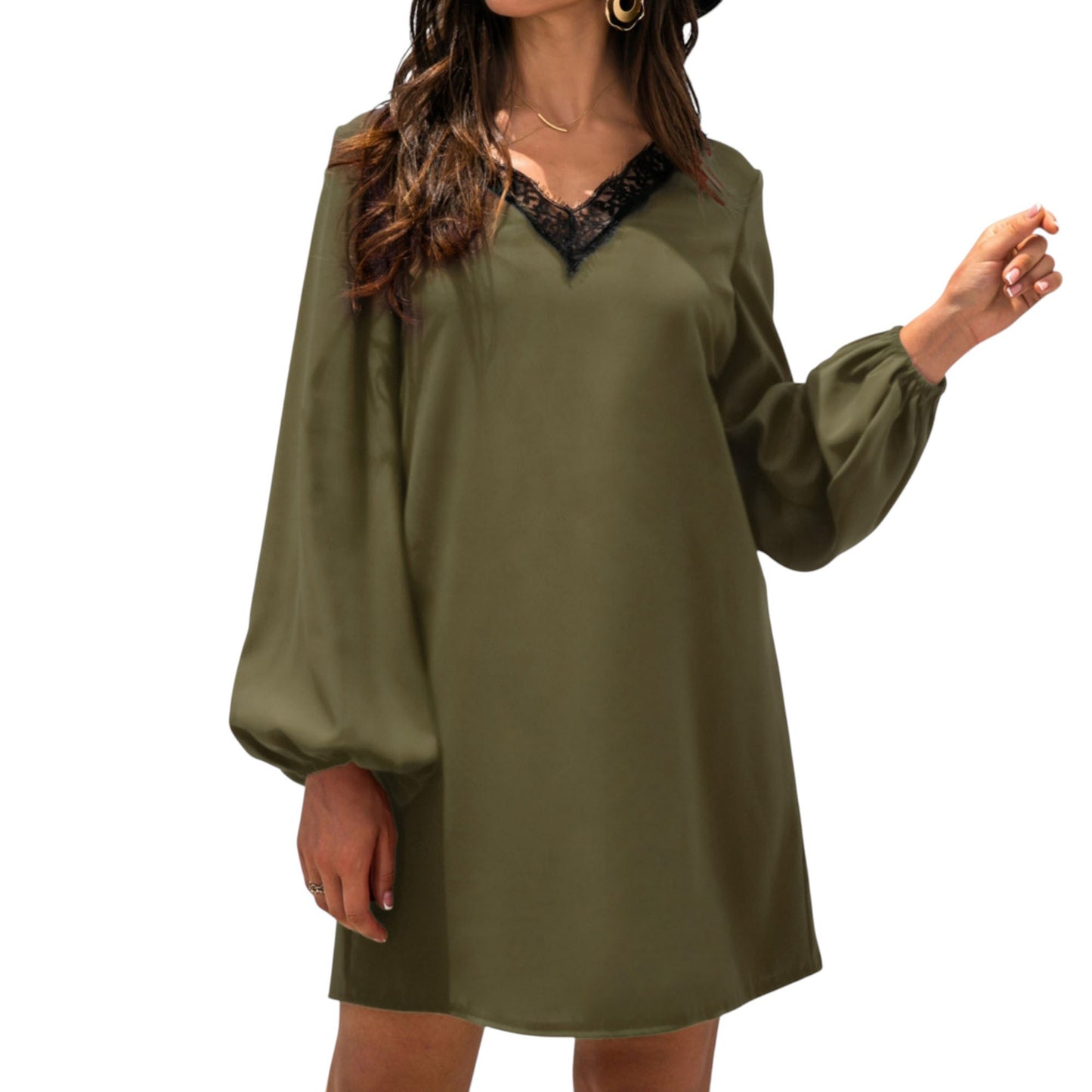 Long Sleeve Mini Shift Dress with V-Neckline and Lace Trim Detail