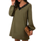 Long Sleeve Mini Shift Dress with V-Neckline and Lace Trim Detail