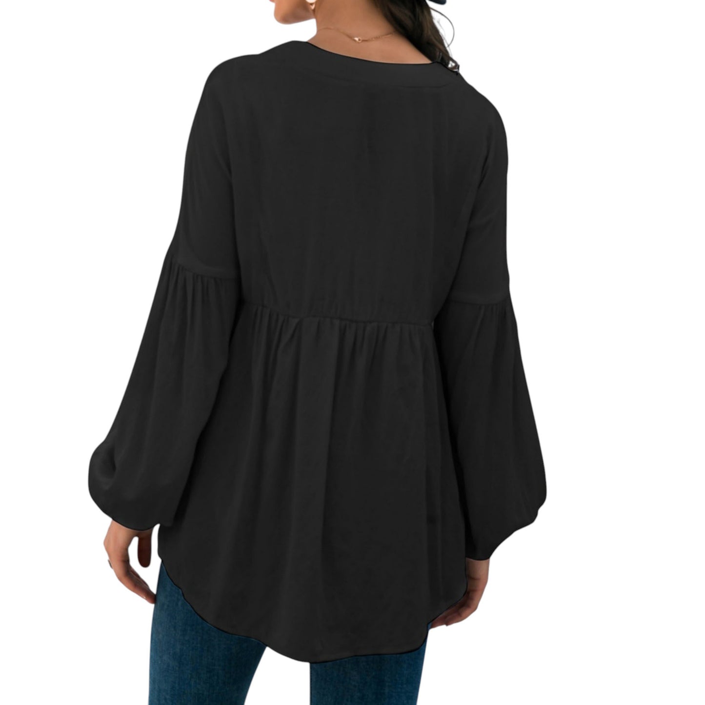 Long Sleeve Button Front Peasant Top with Gathered Waist and Flowy Fit