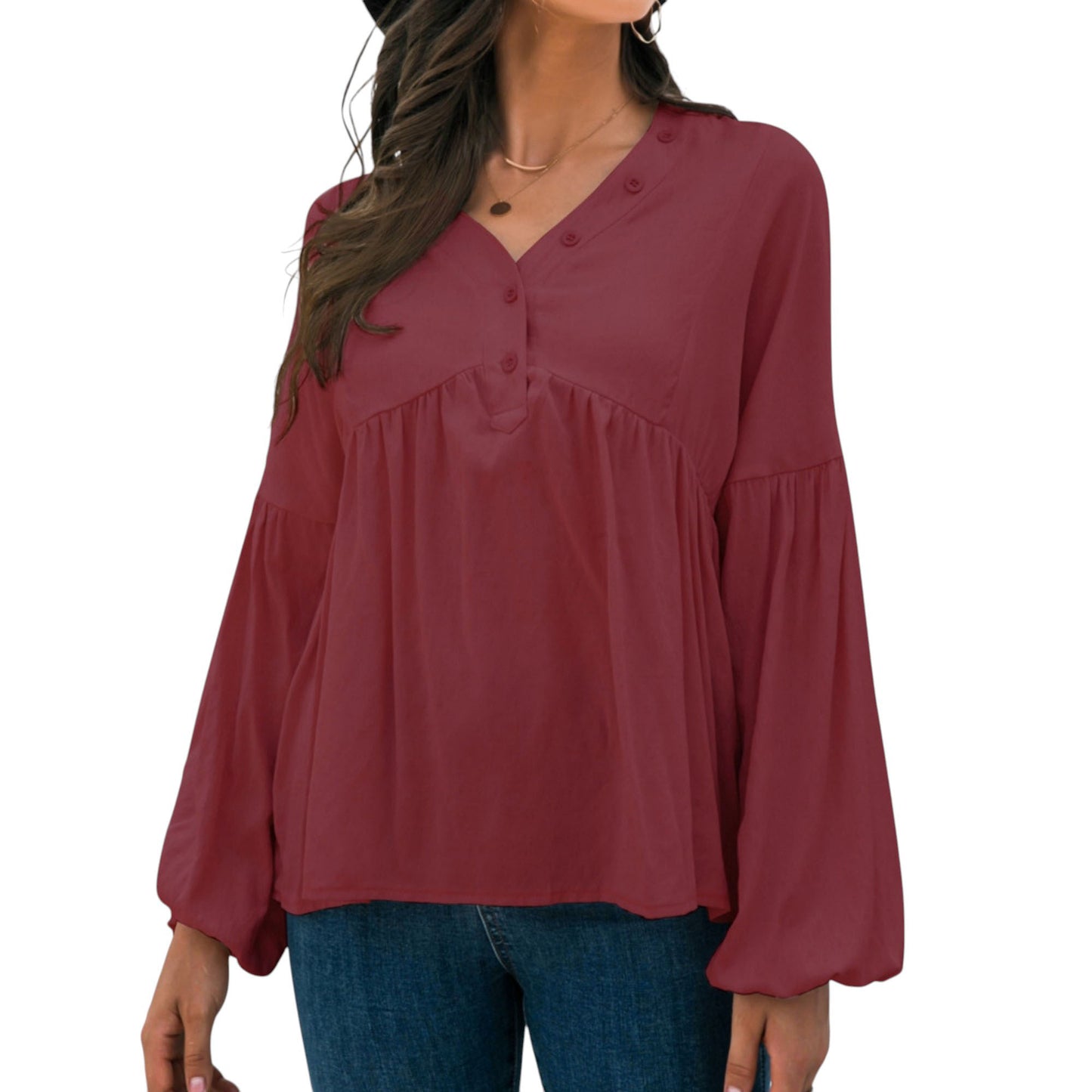 Long Sleeve Button Front Peasant Top with Gathered Waist and Flowy Fit