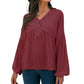 Long Sleeve Button Front Peasant Top with Gathered Waist and Flowy Fit
