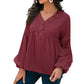 Long Sleeve Button Front Peasant Top with Gathered Waist and Flowy Fit