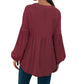 Long Sleeve Button Front Peasant Top with Gathered Waist and Flowy Fit