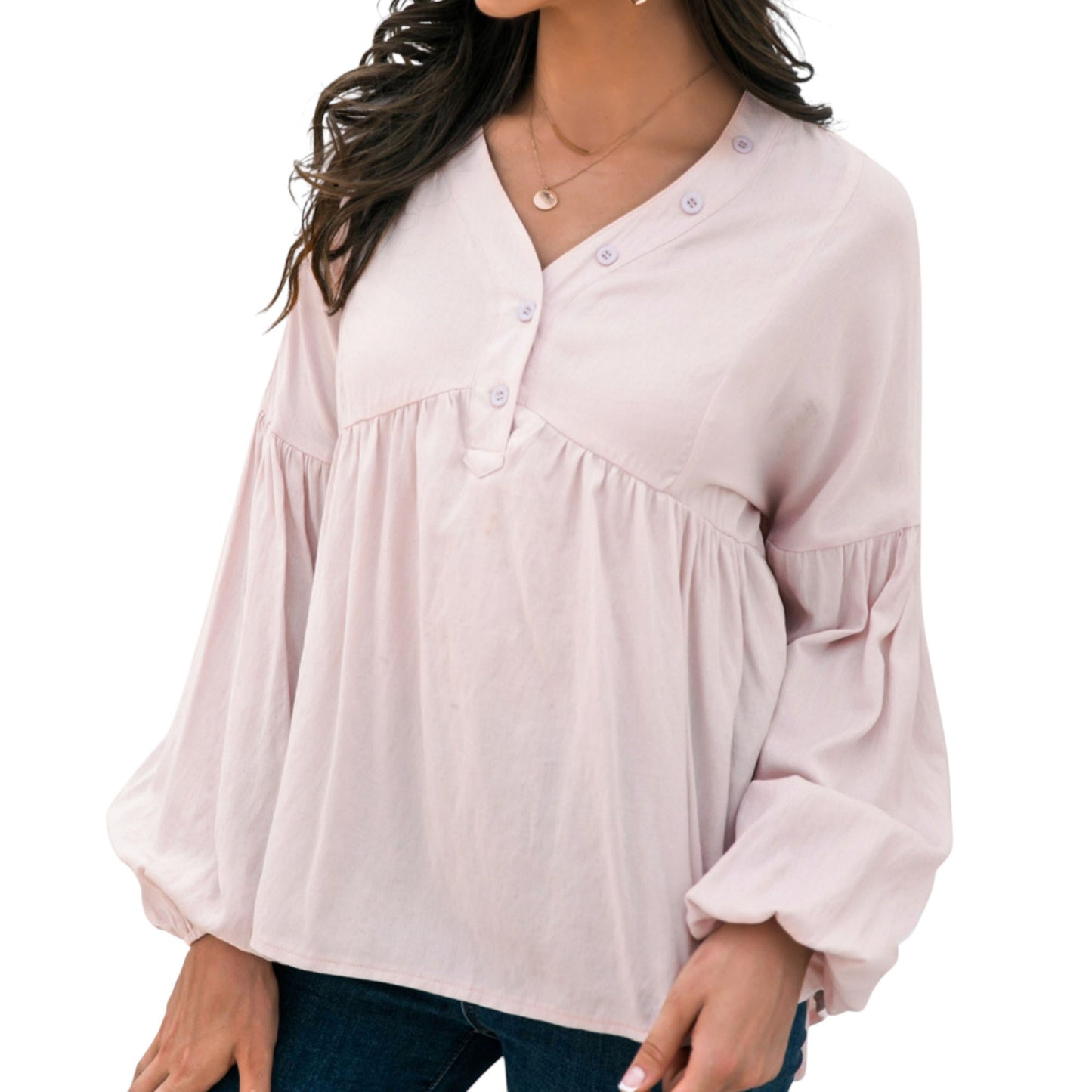 Long Sleeve Button Front Peasant Top with Gathered Waist and Flowy Fit