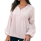 Long Sleeve Button Front Peasant Top with Gathered Waist and Flowy Fit