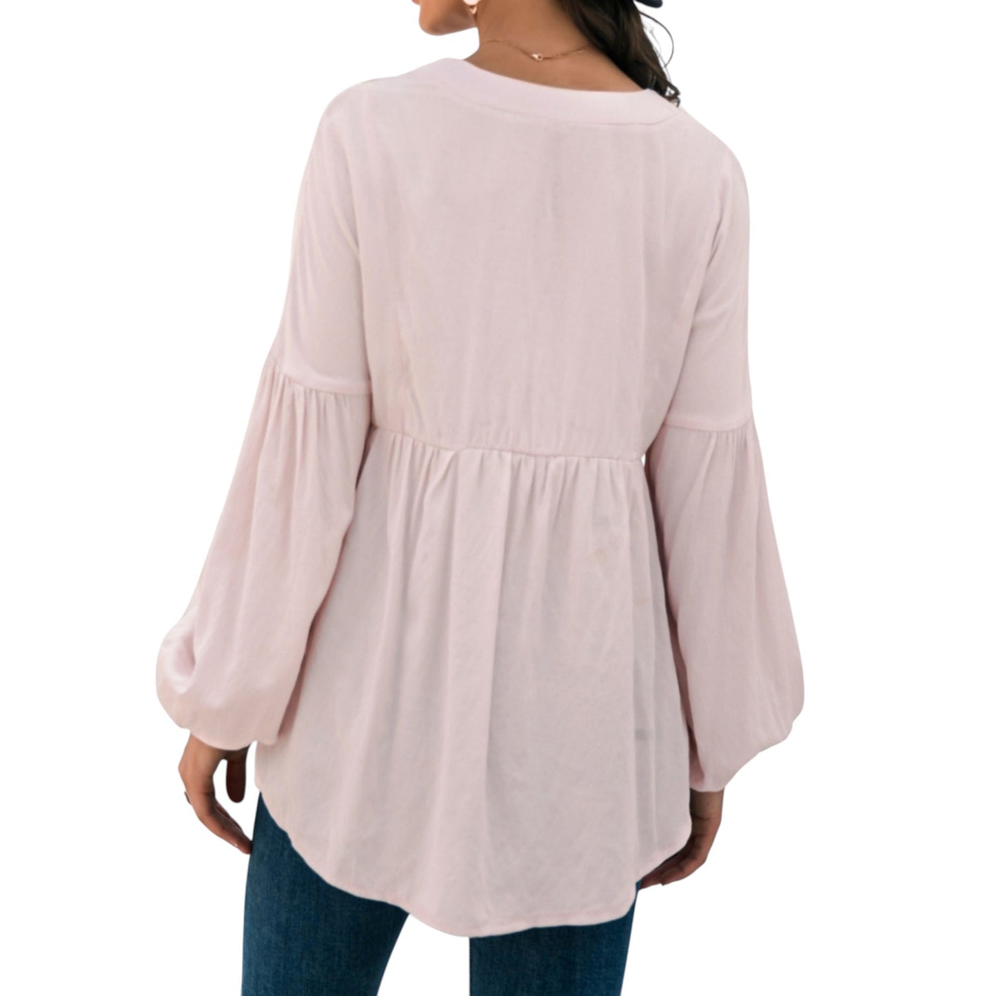 Long Sleeve Button Front Peasant Top with Gathered Waist and Flowy Fit