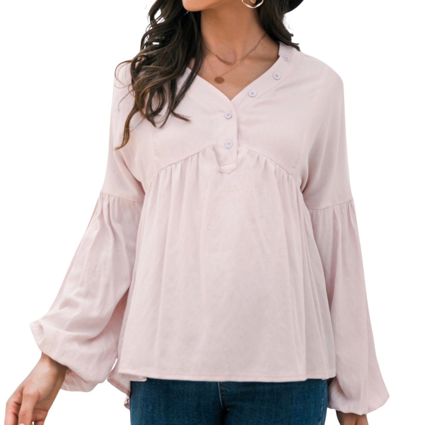 Long Sleeve Button Front Peasant Top with Gathered Waist and Flowy Fit