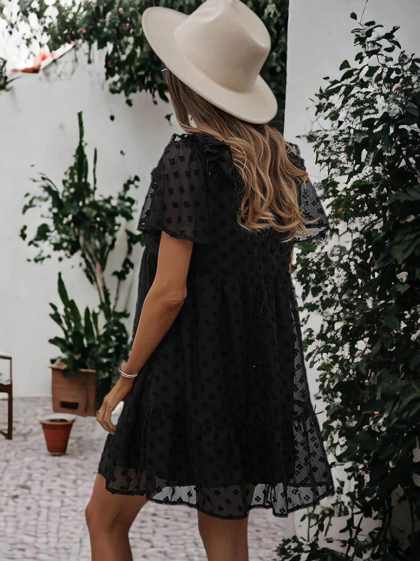 Ruffle Shoulder Textured Floral Dress