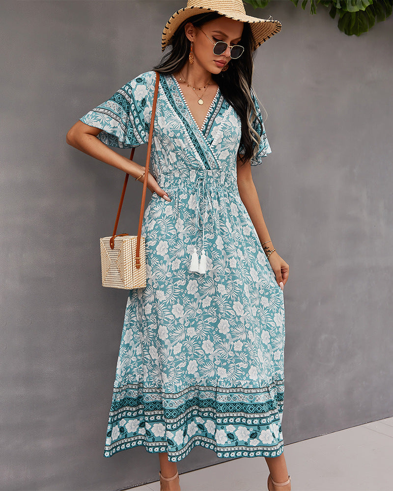 Surplice Neck Floral Boho Dress