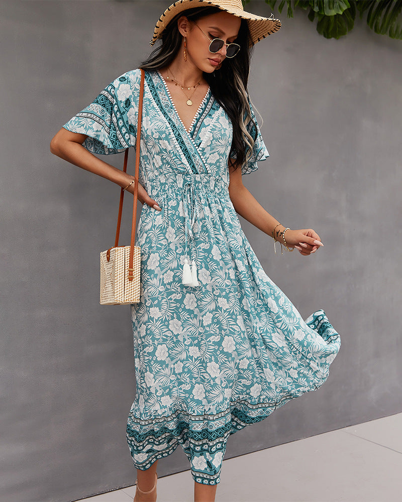 Surplice Neck Floral Boho Dress