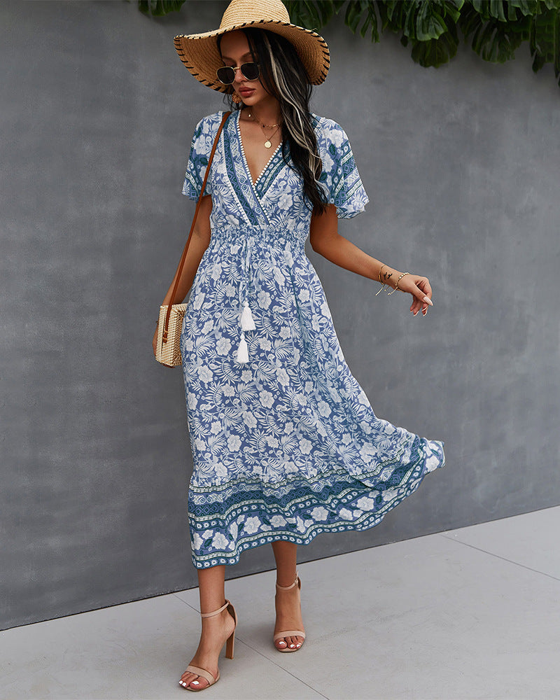 Surplice Neck Floral Boho Dress