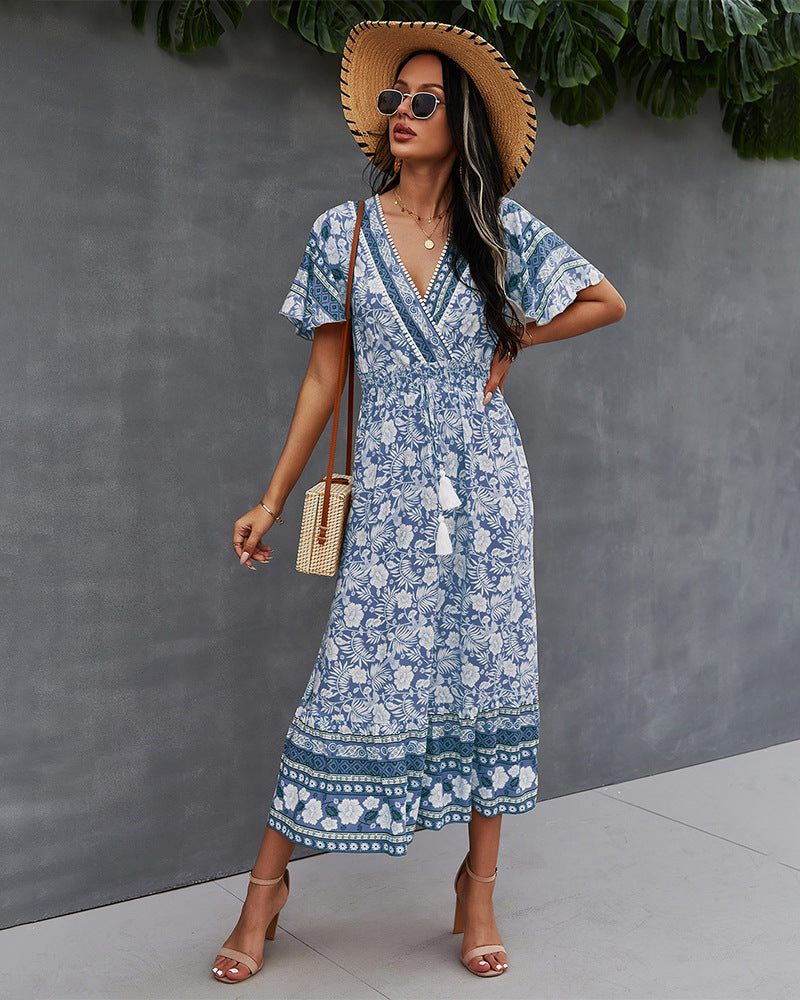 Surplice Neck Floral Boho Dress