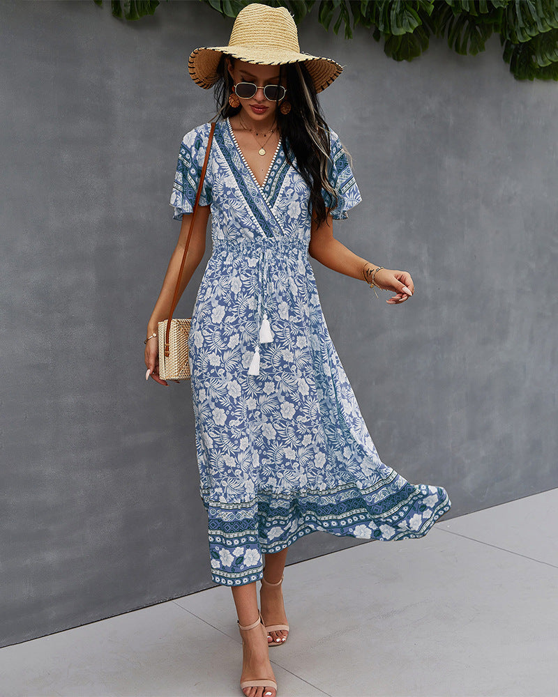 Surplice Neck Floral Boho Dress