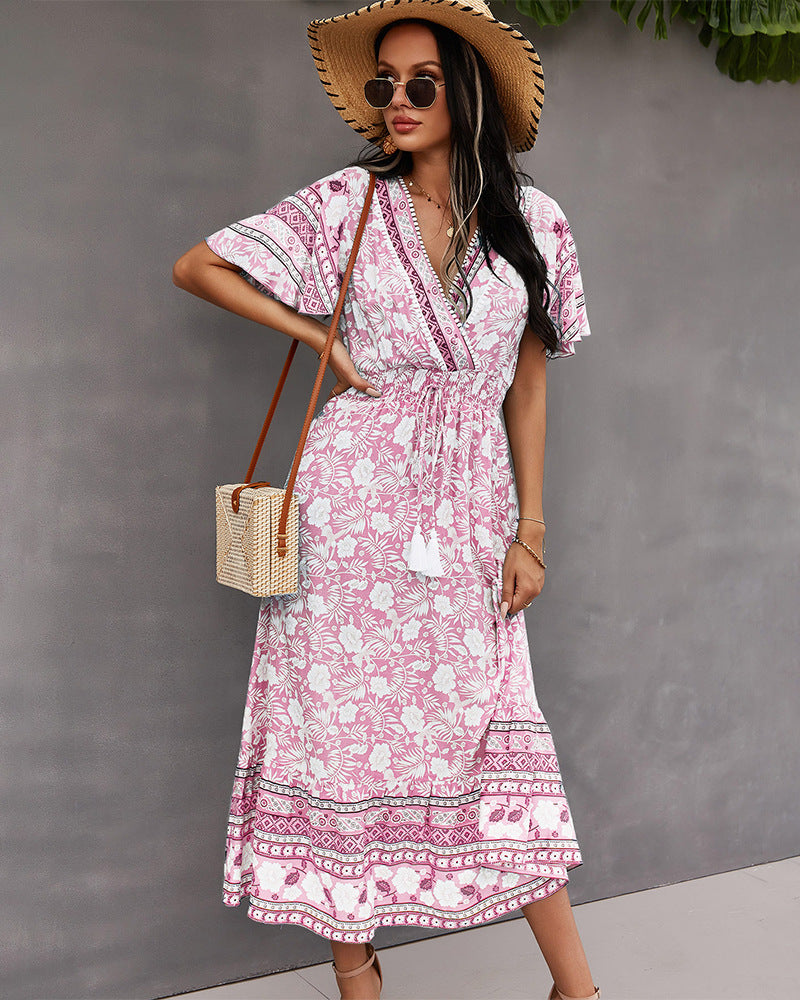 Surplice Neck Floral Boho Dress