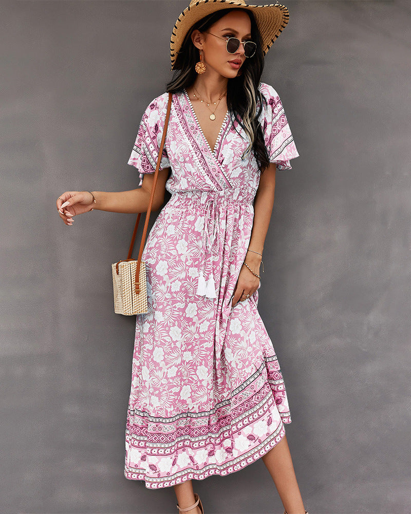 Surplice Neck Floral Boho Dress