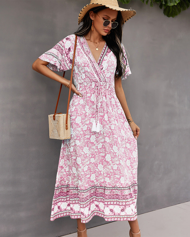 Surplice Neck Floral Boho Dress