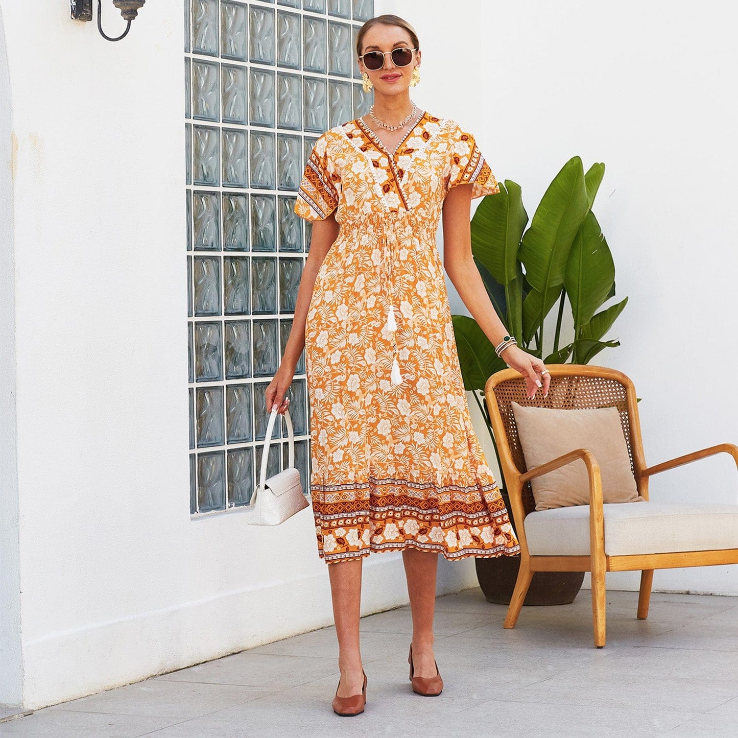 Surplice Neck Floral Boho Dress