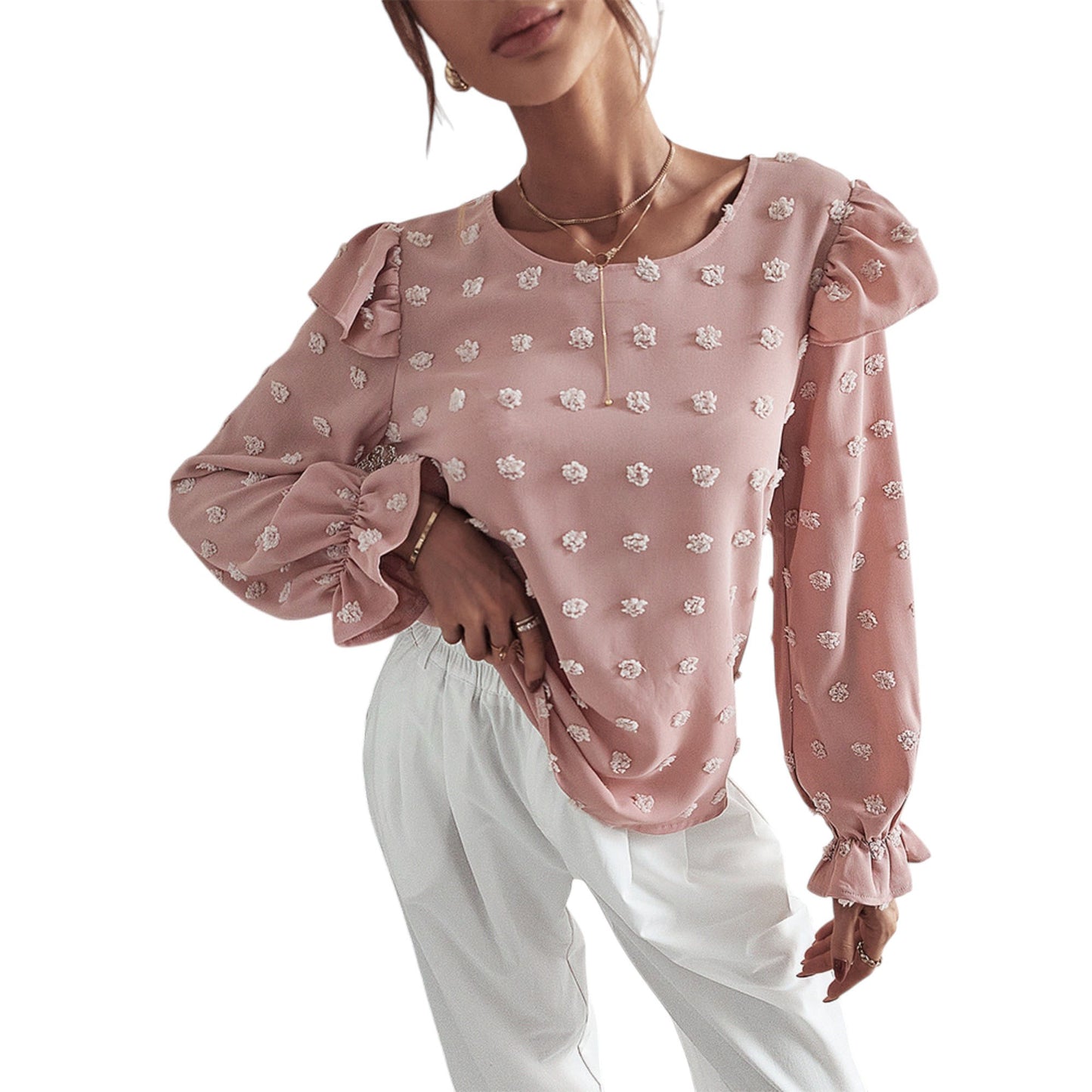 Long Sleeve Textured Blouse with Raised Floral Details and Shoulder Ruffle Accents