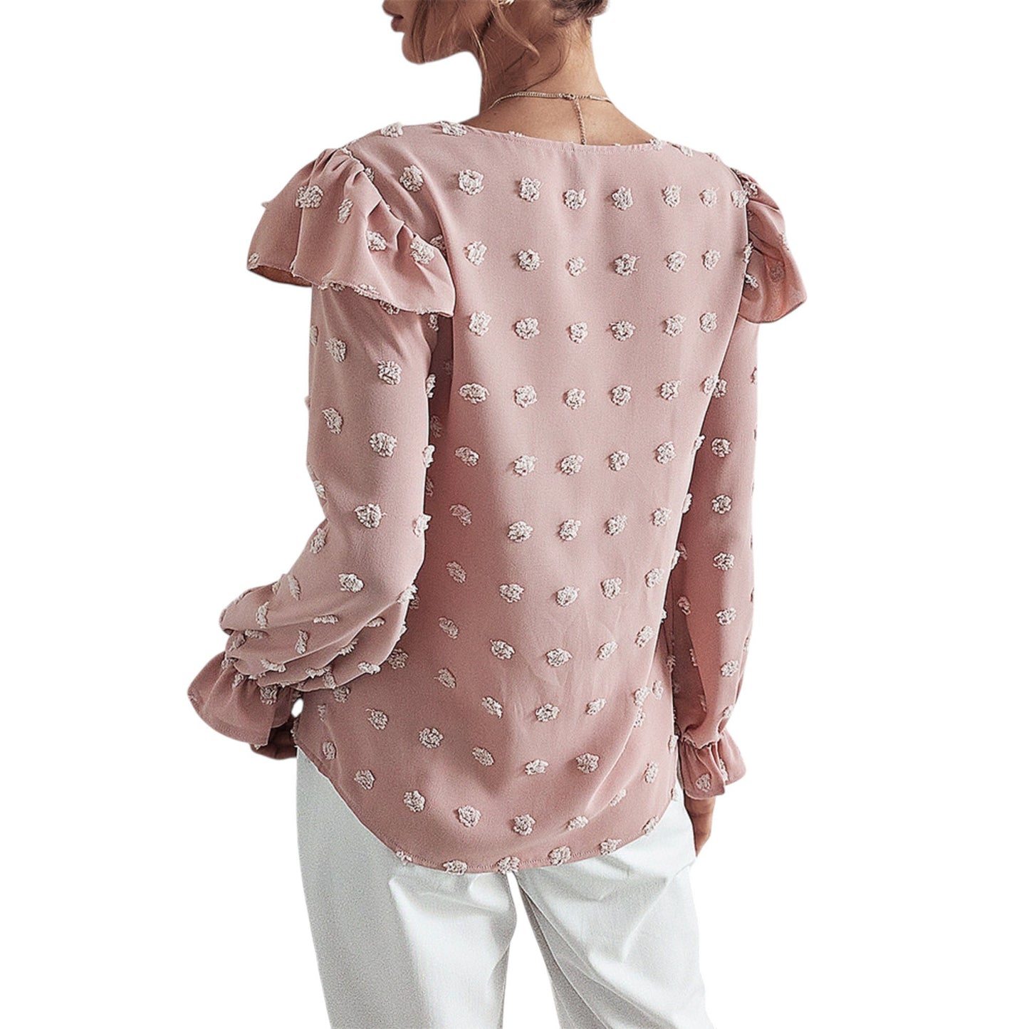 Long Sleeve Textured Blouse with Raised Floral Details and Shoulder Ruffle Accents