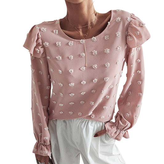 Long Sleeve Textured Blouse with Raised Floral Details and Shoulder Ruffle Accents