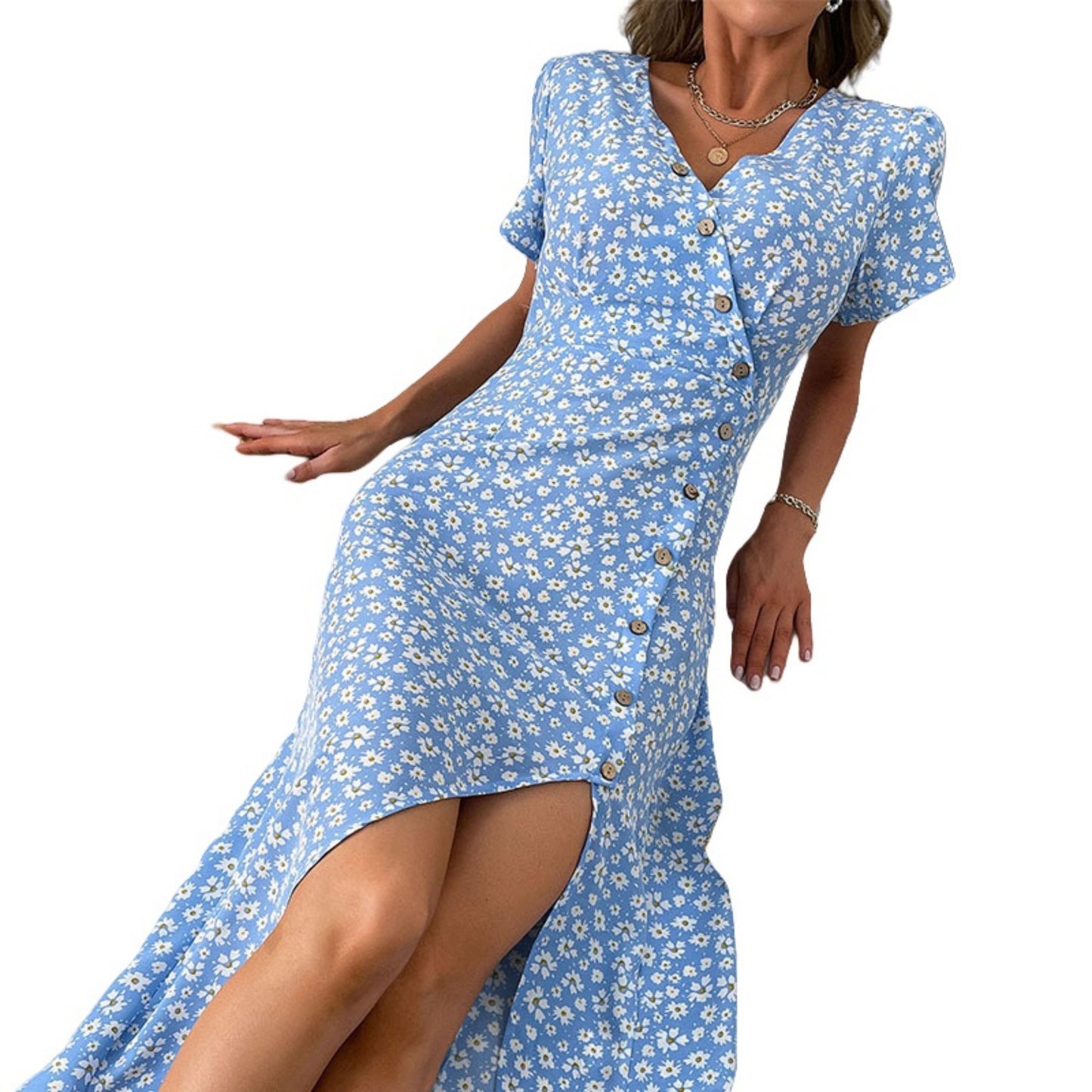 Short Sleeve Floral Button Front Maxi Dress with V-Neckline and Side Slit