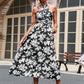 Halter Neck Floral Print Midi Dress with Fitted Bodice and Flowing Skirt