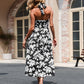 Halter Neck Floral Print Midi Dress with Fitted Bodice and Flowing Skirt