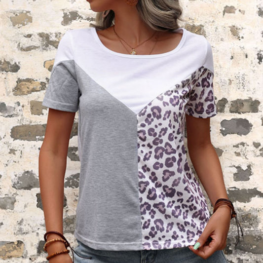 Short Sleeve Color Block Leopard Print Patchwork Casual T-Shirt