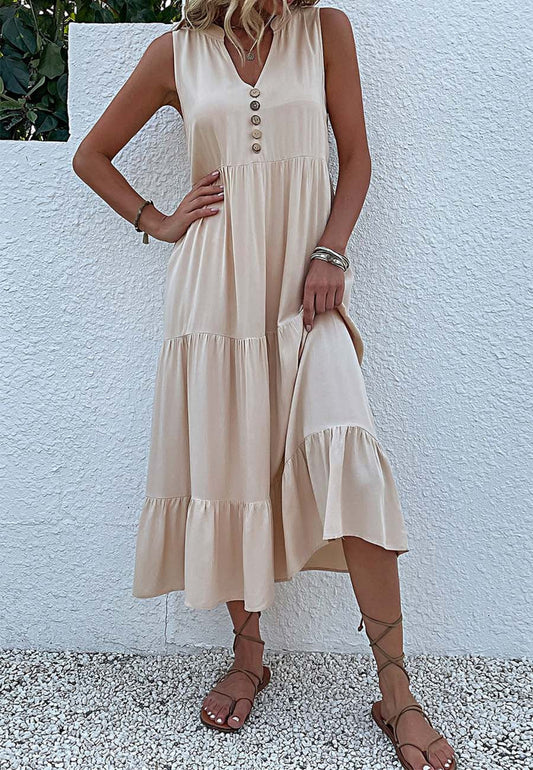 V Neck Tiered Midi Dress