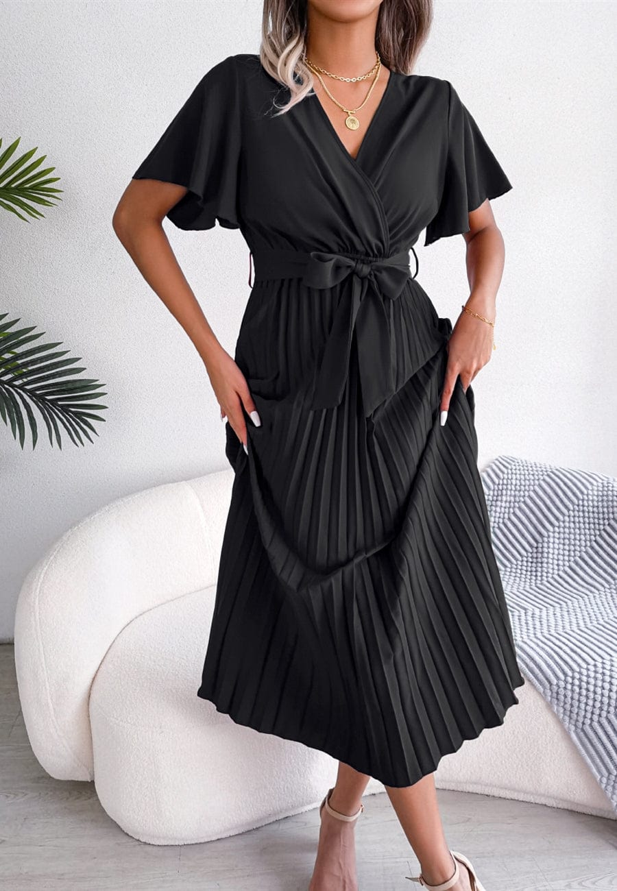 Flutter Sleeve Pleated Wrap Dress