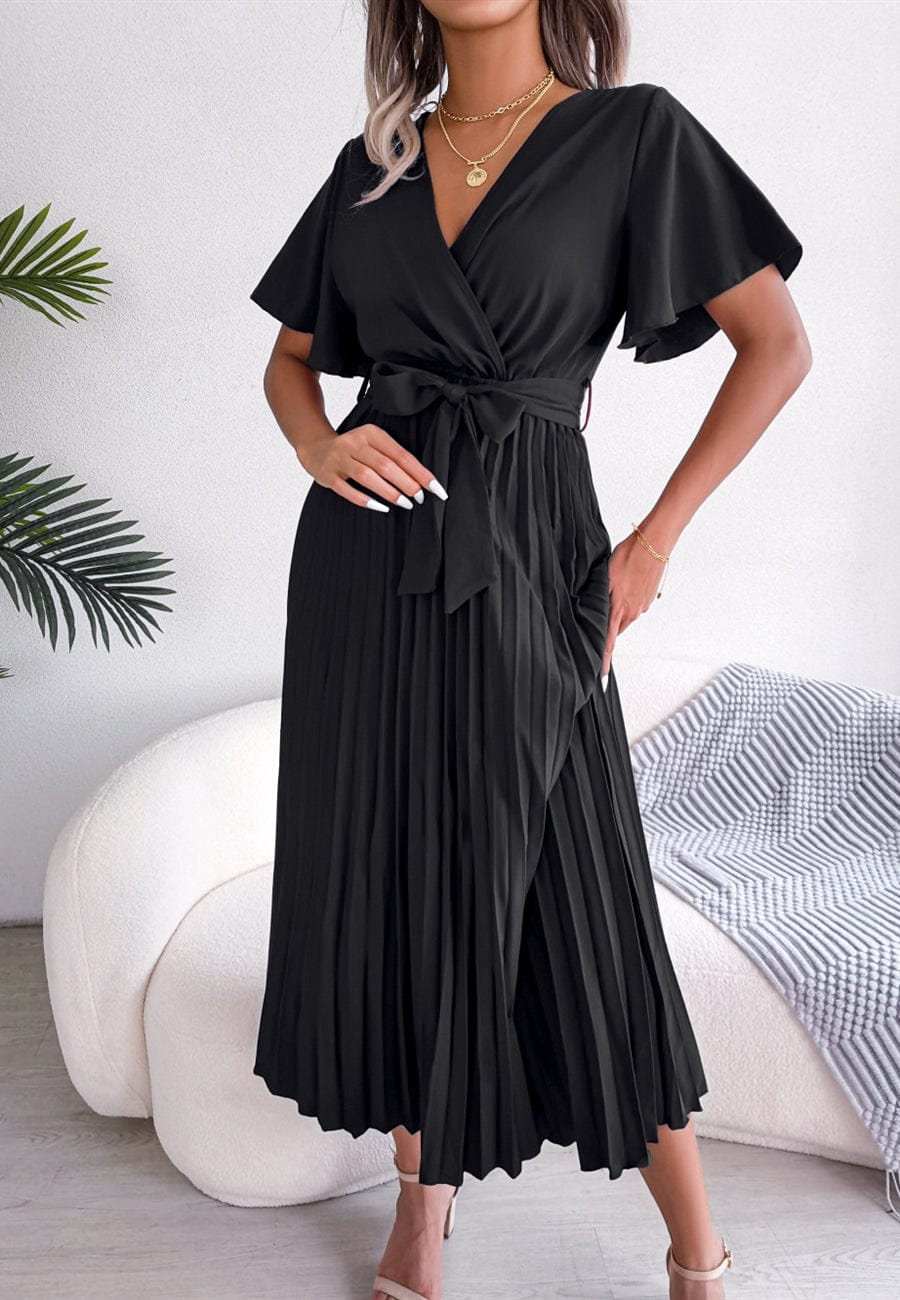 Flutter Sleeve Pleated Wrap Dress