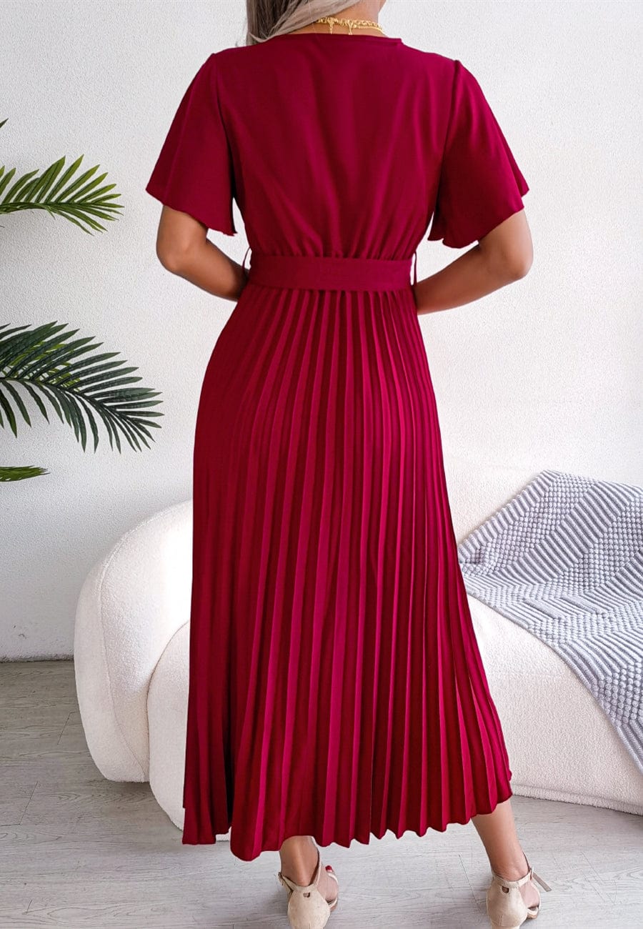 Flutter Sleeve Pleated Wrap Dress