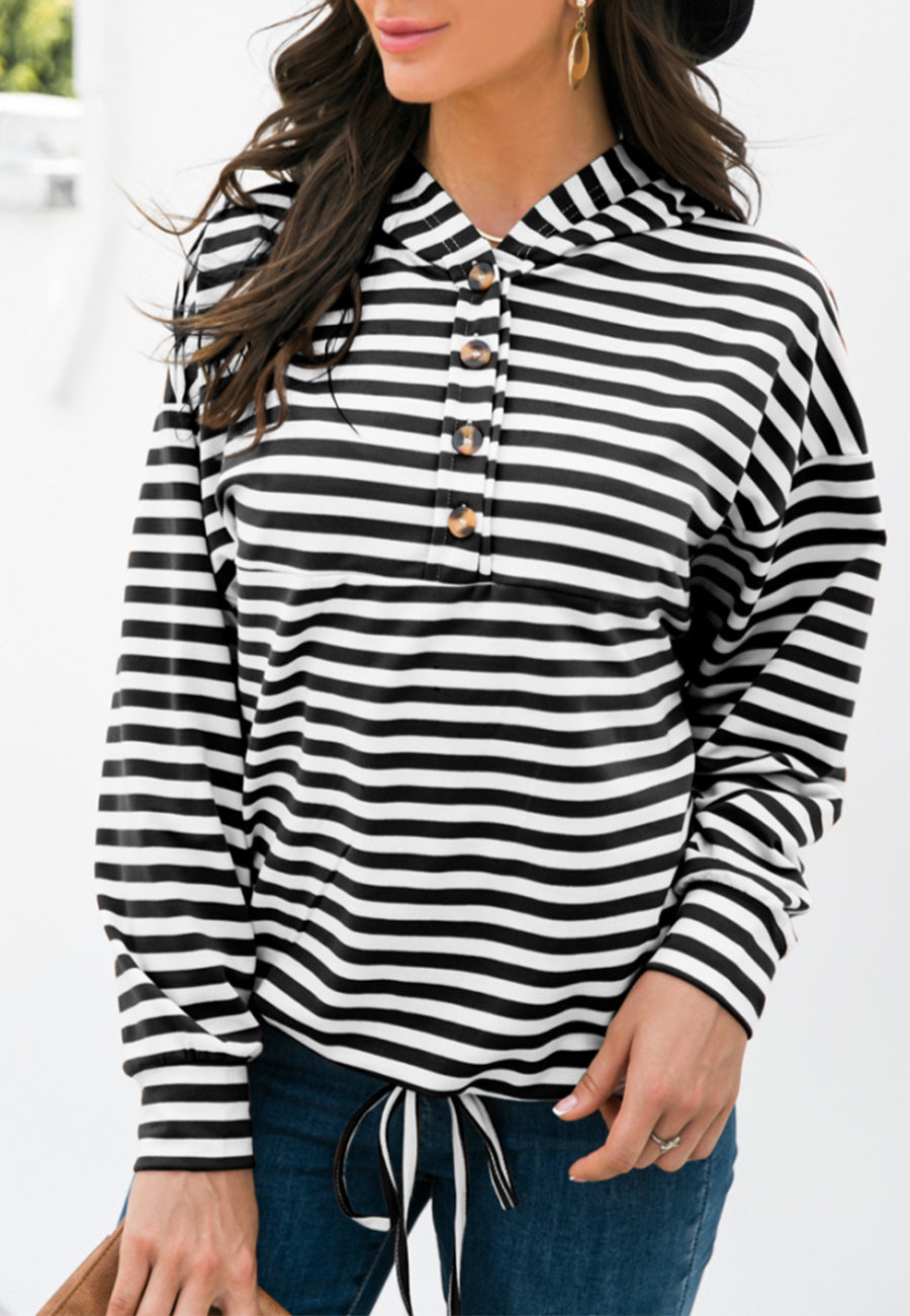 Horizontal Striped Tie Hem Hoodie