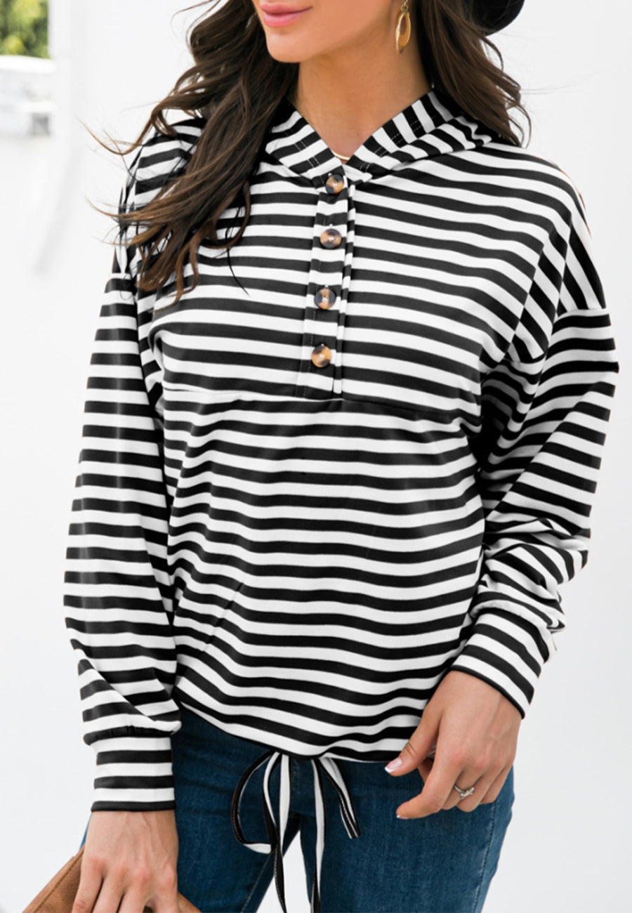 Horizontal Striped Tie Hem Hoodie