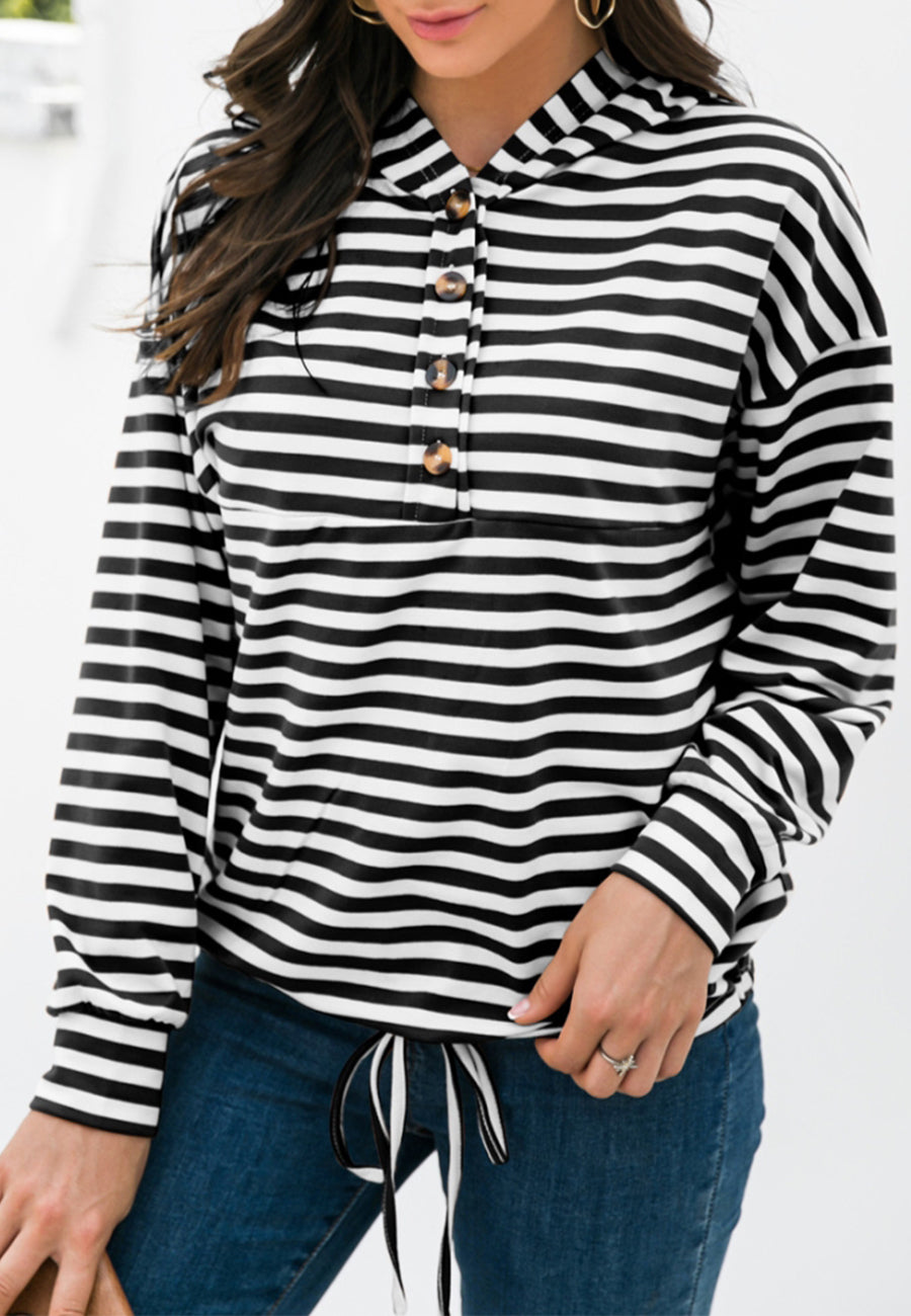 Horizontal Striped Tie Hem Hoodie