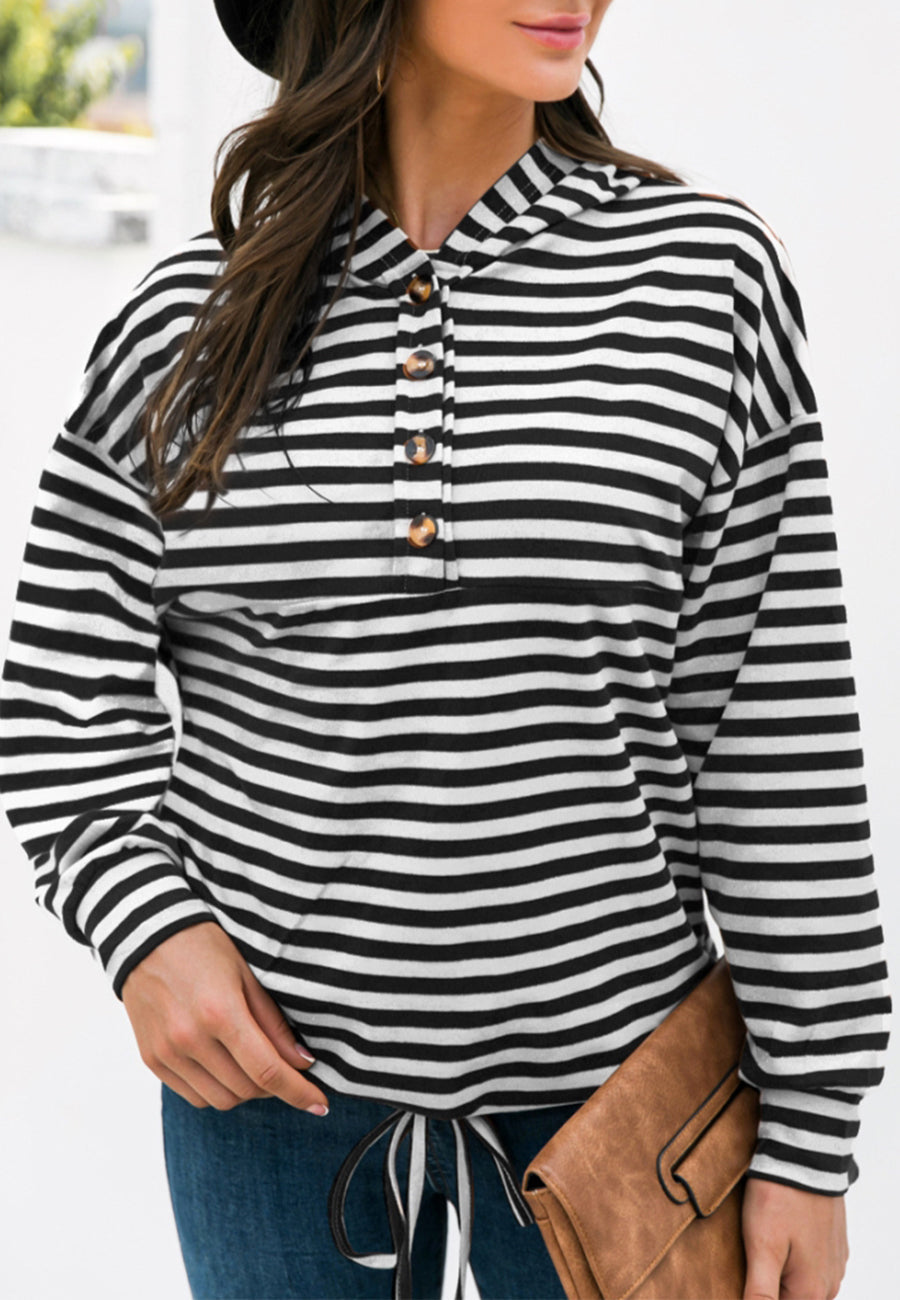 Horizontal Striped Tie Hem Hoodie