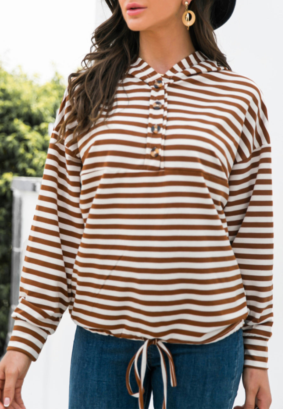 Horizontal Striped Tie Hem Hoodie