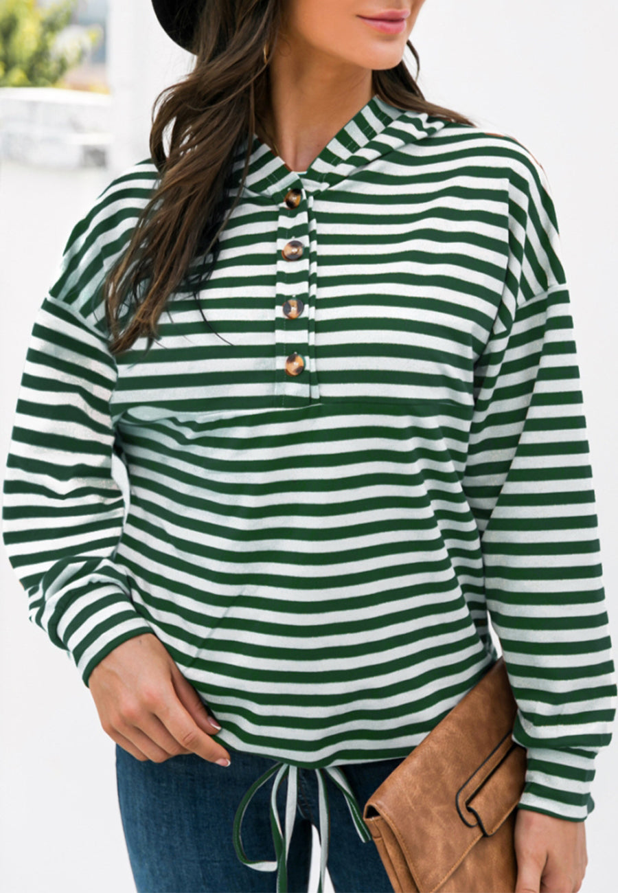 Horizontal Striped Tie Hem Hoodie