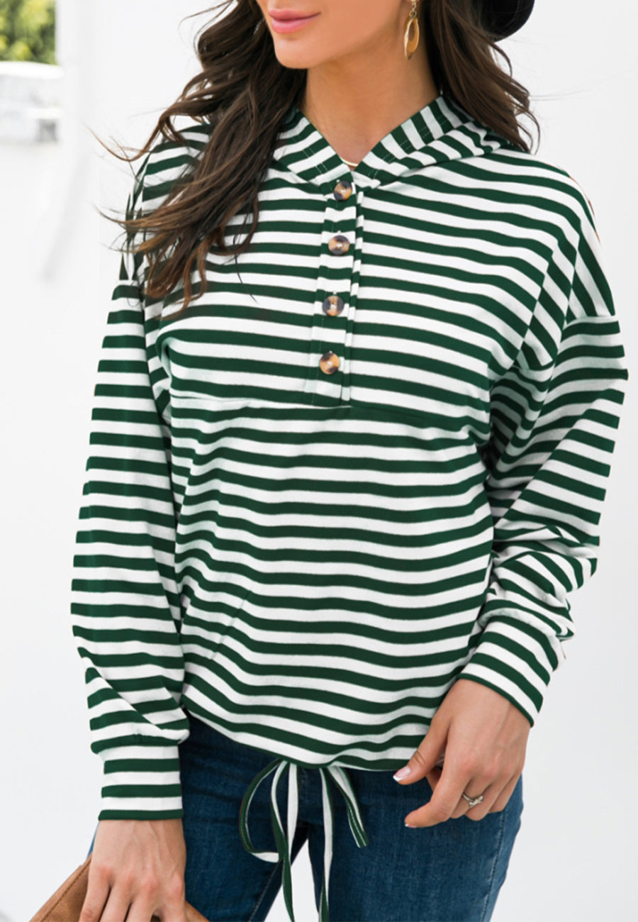 Horizontal Striped Tie Hem Hoodie