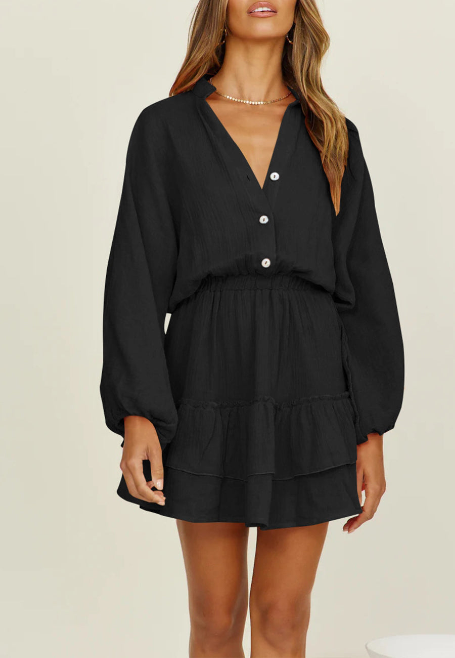 Button Front Tiered Ruffle Dress