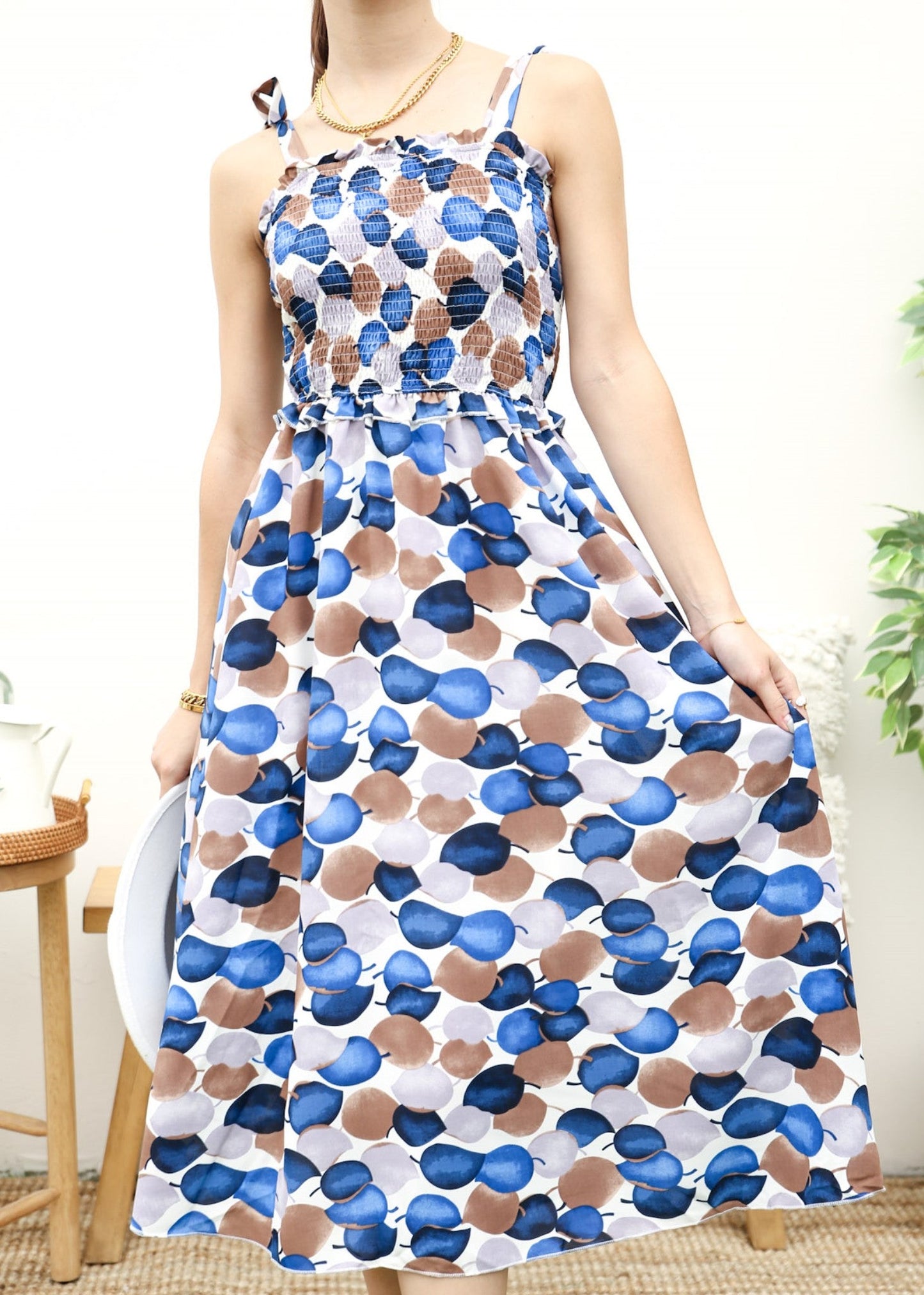 Tie-Shoulder Printed Shirred Dress