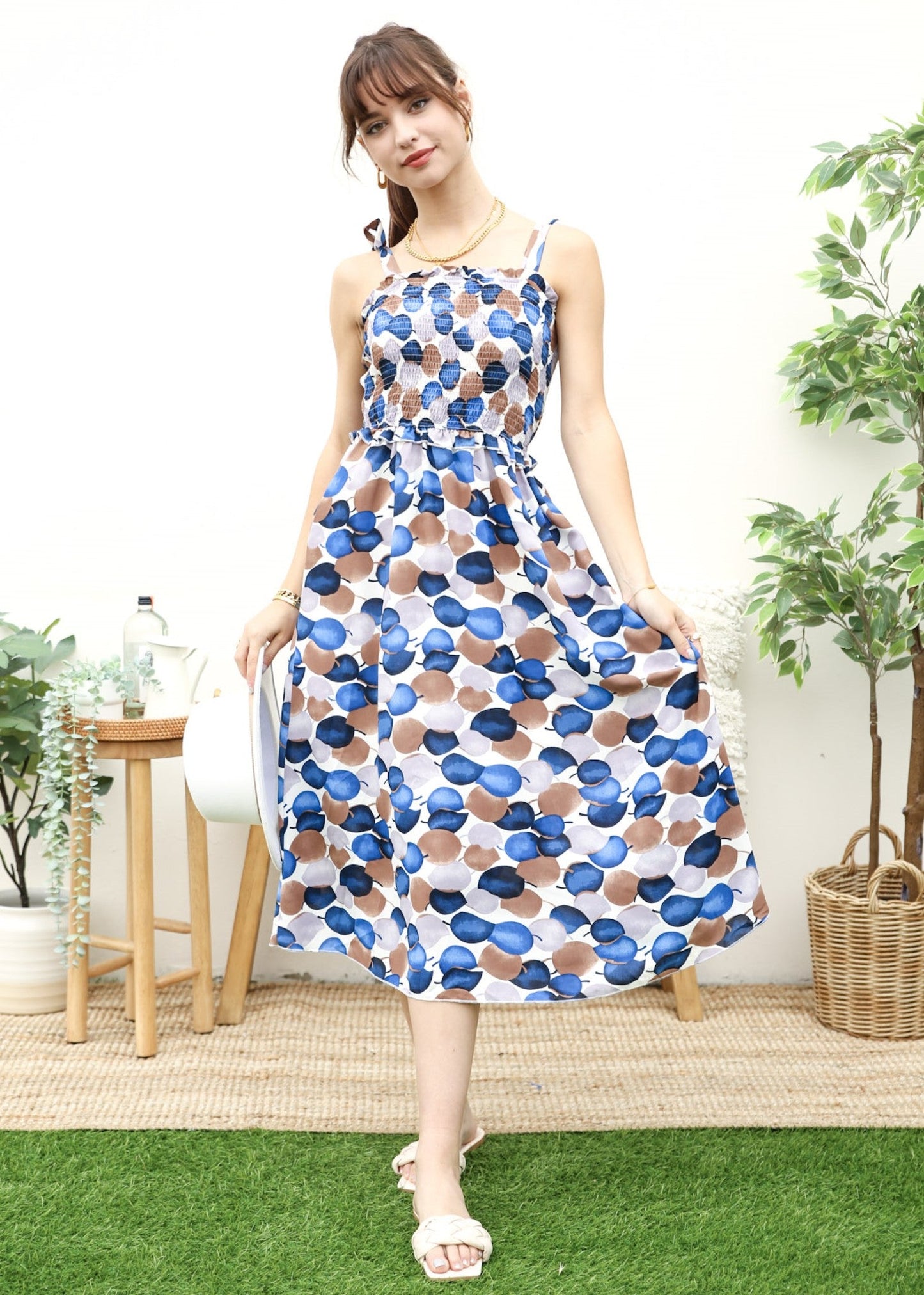 Tie-Shoulder Printed Shirred Dress