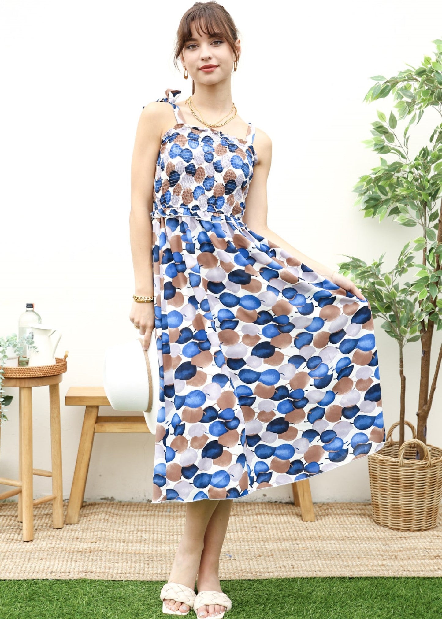 Tie-Shoulder Printed Shirred Dress