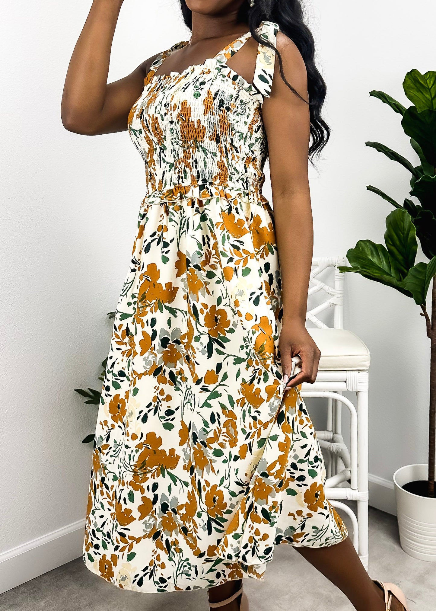 Tie-Shoulder Printed Shirred Dress