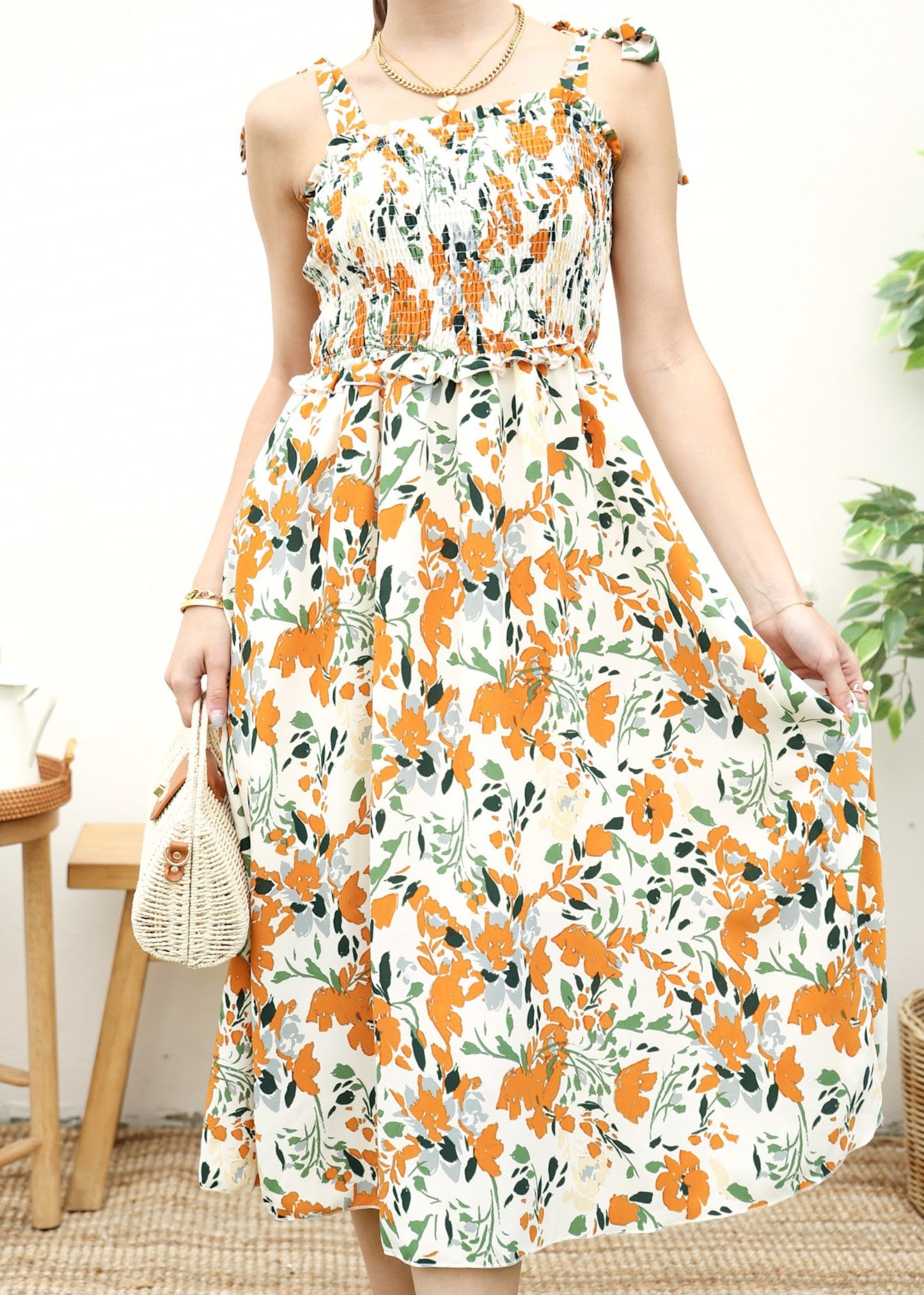 Tie-Shoulder Printed Shirred Dress