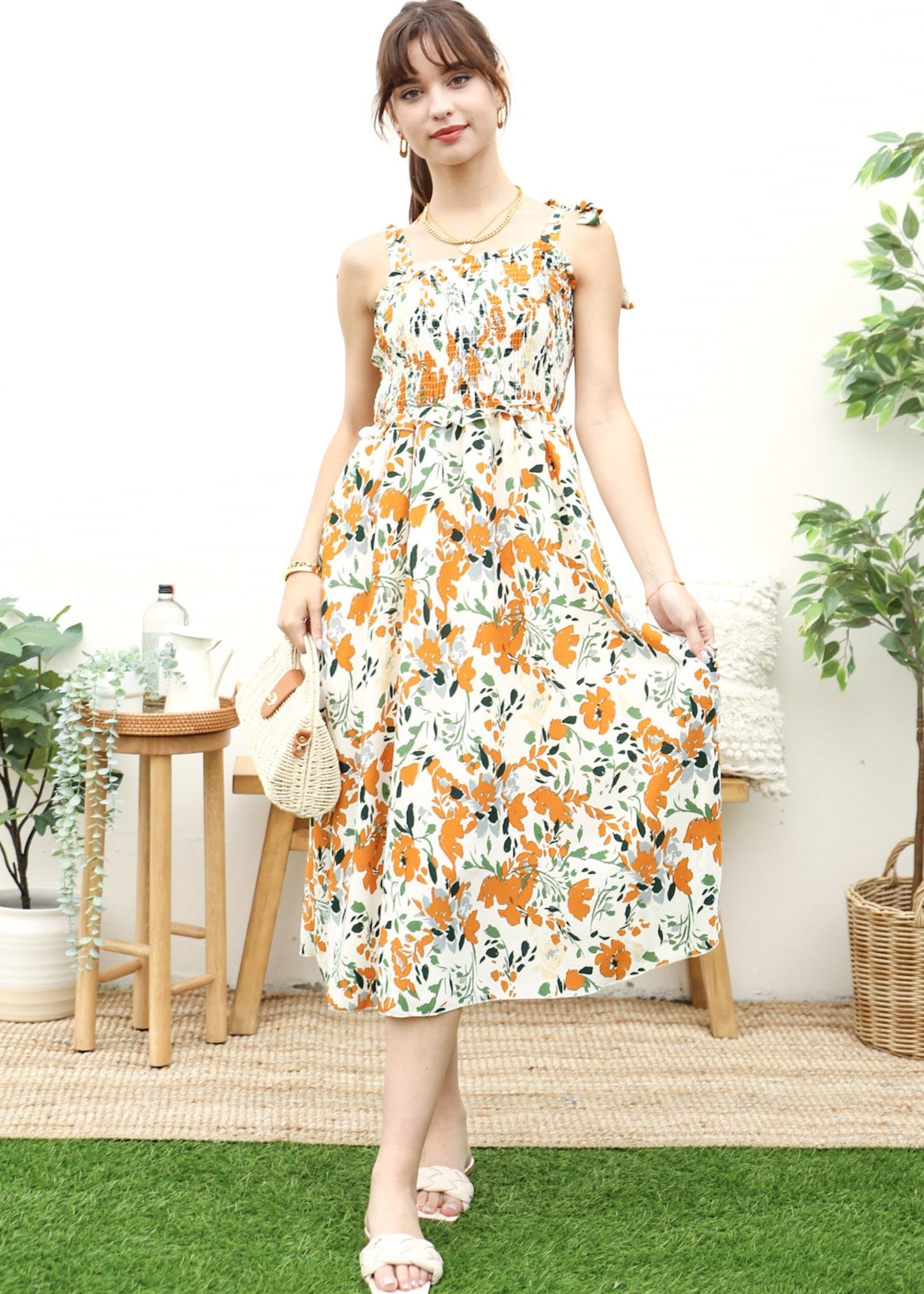 Tie-Shoulder Printed Shirred Dress