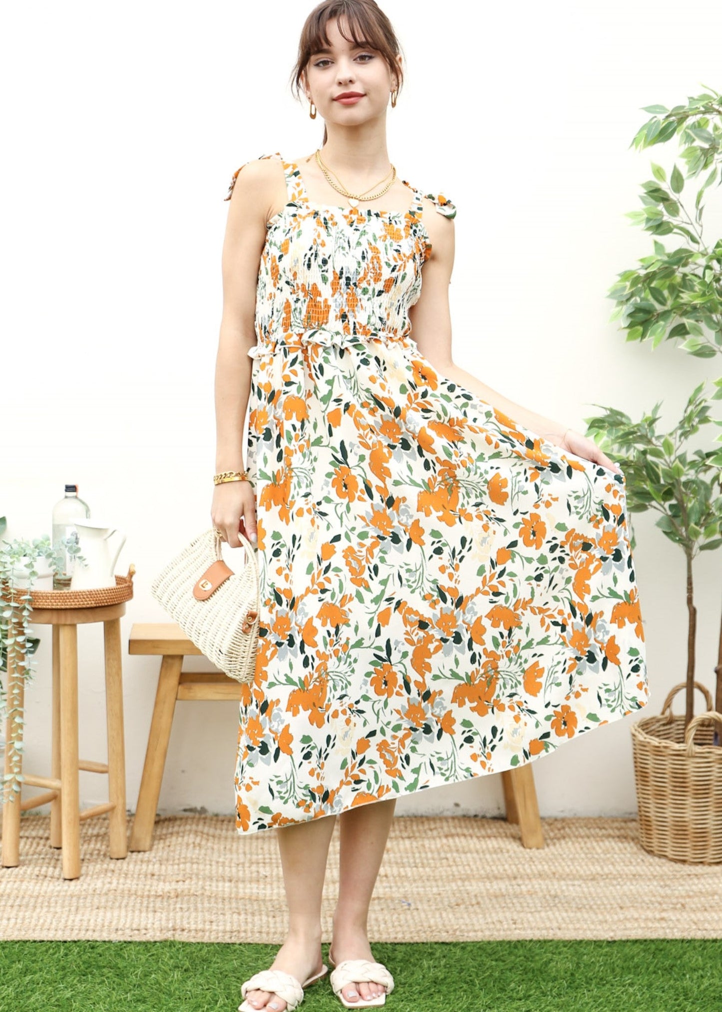 Tie-Shoulder Printed Shirred Dress