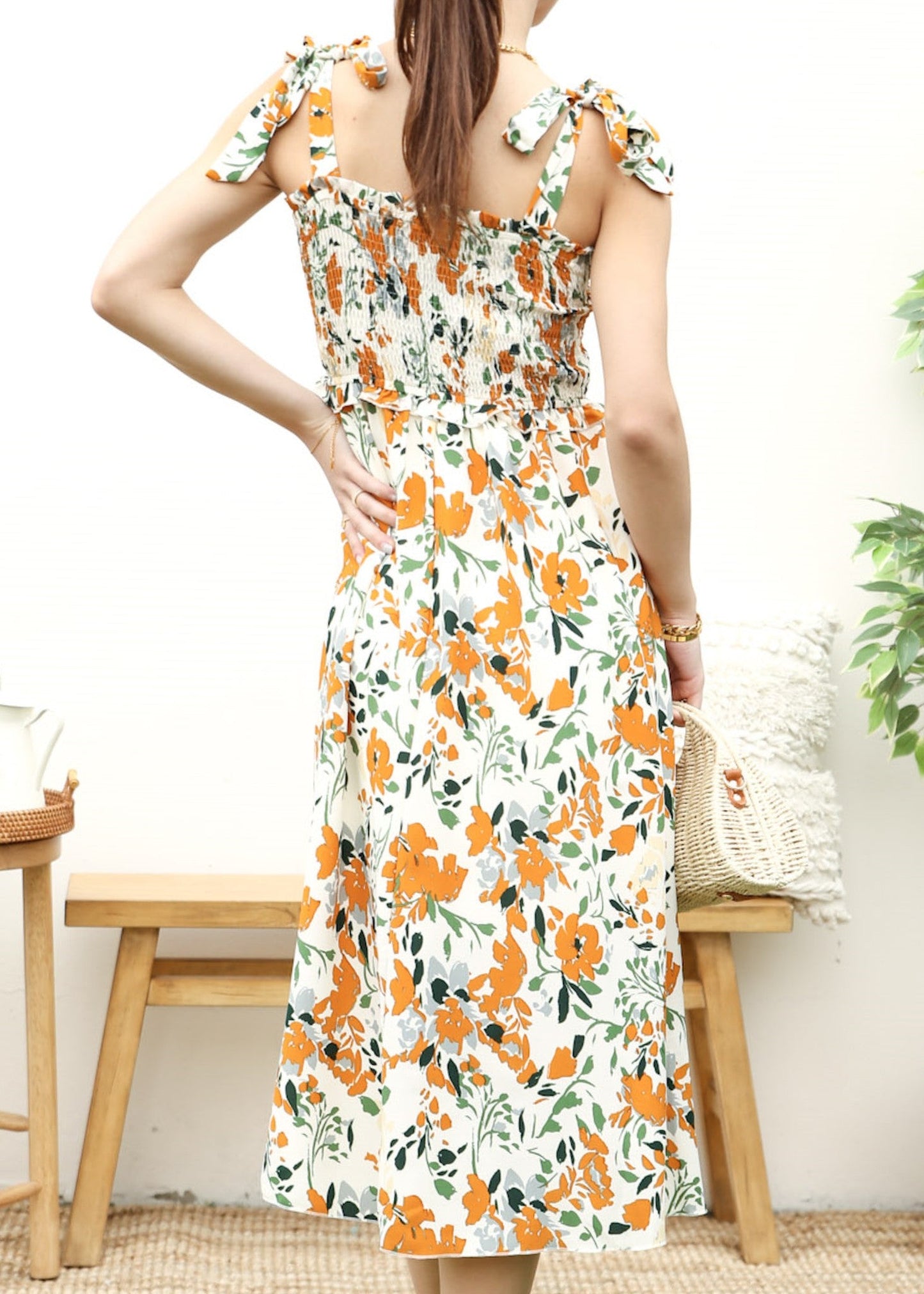 Tie-Shoulder Printed Shirred Dress