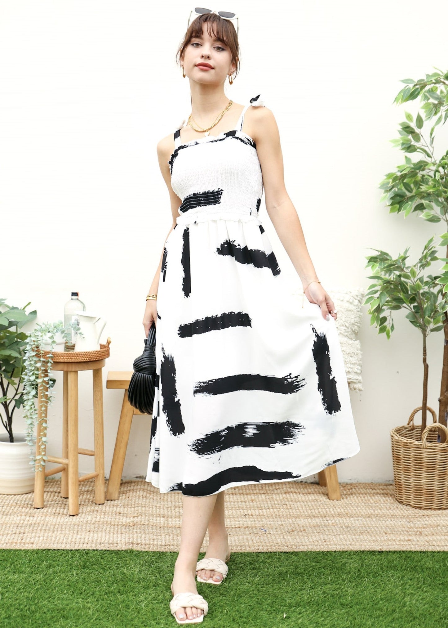 Tie-Shoulder Printed Shirred Dress